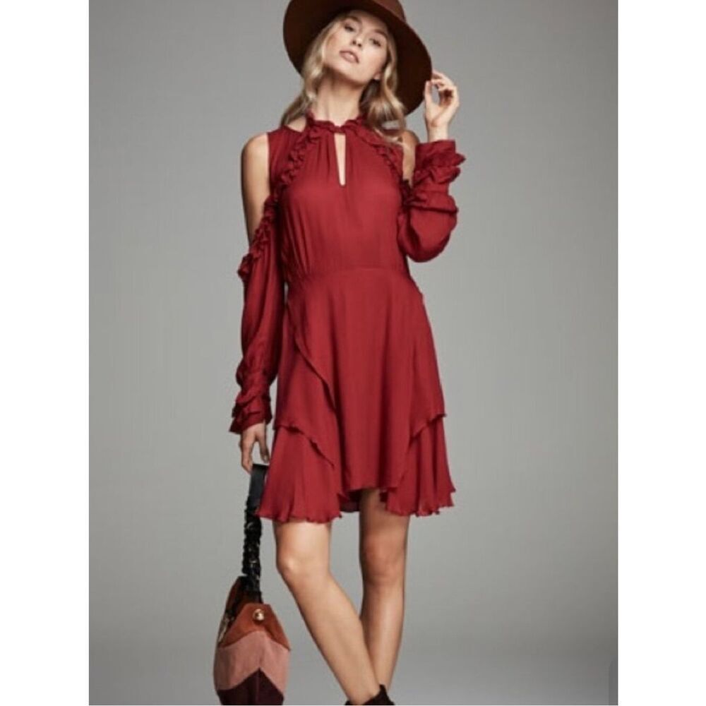 NWTs IRO Hanie Viscose Ruffle Cold Shoulder Red Mini Dress Size Large
